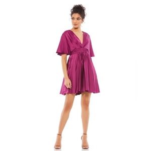 Mac Duggal 26605 SATIN FLOWY CAPE SLEEVE MINI DRESS